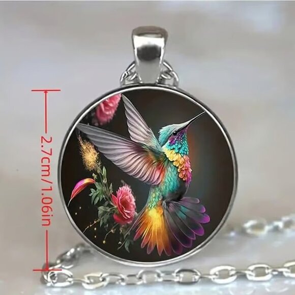 Silver Hummingbird Glass Cabochon Pendant Necklace - Picture 2 of 3